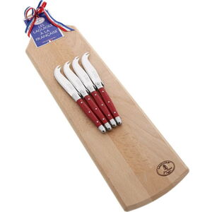 Set 4 červených nožů na servírování sýrů s dřevěným prkénkem Jean Dubost