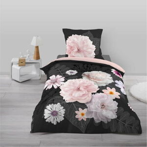 Černo-růžové bavlněné povlečení na jednolůžko 140x200 cm Floral – douceur d'intérieur