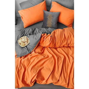 Oranžovo-šedé prodloužené čtyřdílné bavlněné povlečení na dvoulůžko s prostěradlem 200x220 cm – Mila Home