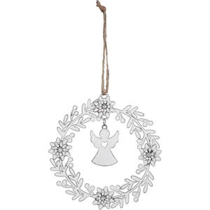 Bílá vánoční ozdoba ve tvaru věnce s andělem Ego Dekor