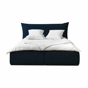 Tmavě modrá sametová čalouněná dvoulůžková postel s úložným prostorem s roštem 160x200 cm Jade - Bobochic Paris