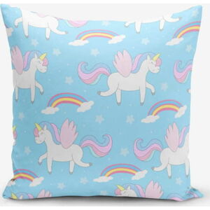 Povlak na polštář s příměsí bavlny Minimalist Cushion Covers Blue Background Unicorn Rainbows, 45 x 45 cm