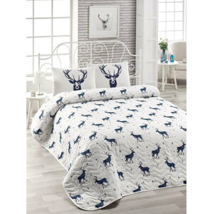 Set prošívaného přehozu a 2 povlaků na polštáře s příměsí bavlny na dvoulůžko EnLora Home Geyik Dark Blue, 240 x 220 cm