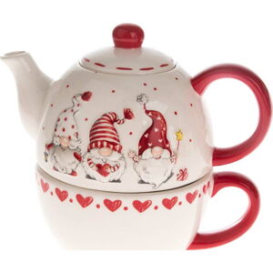 Červeno-bílá keramická konvice na čaj s motivem trpaslíků Dakls