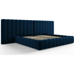 Tmavě modrá čalouněná dvoulůžková postel s úložným prostorem a roštem 200x200 cm Gina – Milo Casa