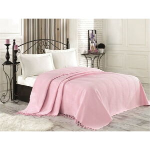 Růžový bavlněný přehoz přes postel na dvoulůžko Clemence, 220 x 240 cm